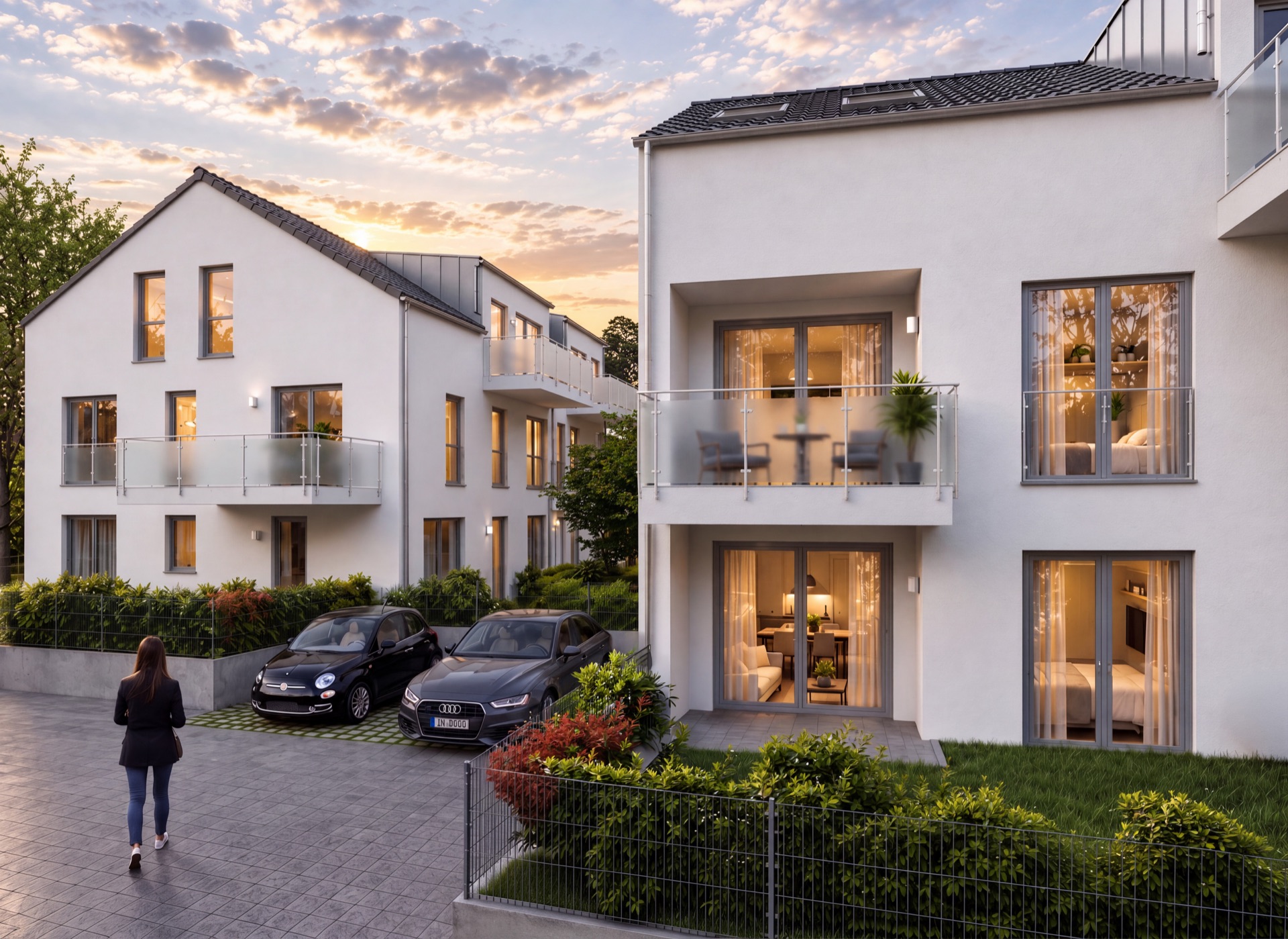 Westseite des Wohnensembles mit Terrassen, Balkonen und Loggia, Tauberfeld