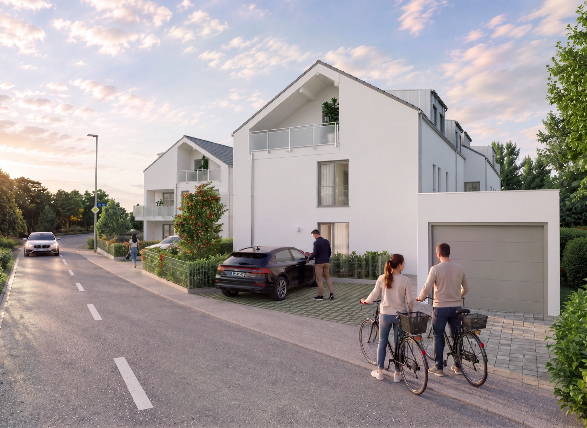 Straßenseite mit Einfahrt Rampe zur Tiefgarage, Tauberfeld